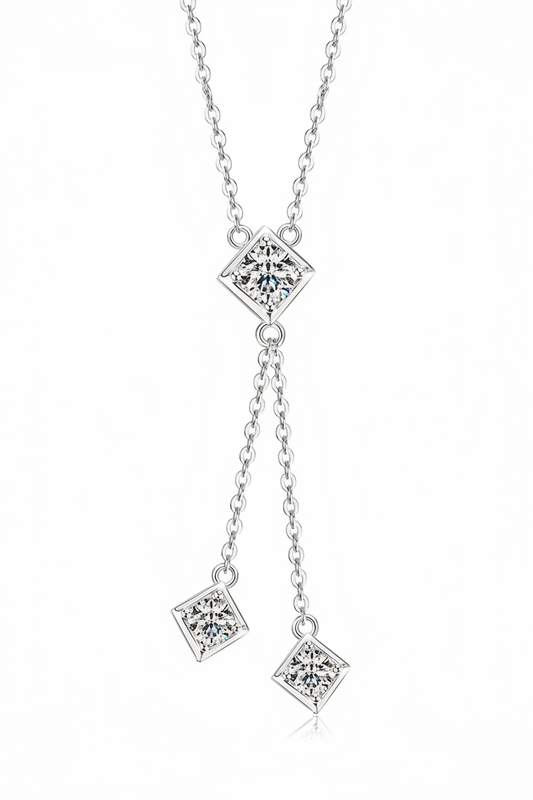 Sterling Silver Moissanite Fringe Double Chain Square Tassel Pendant Necklace