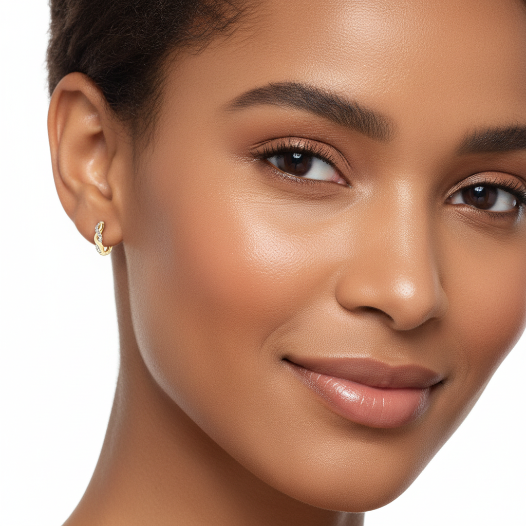 Close-up of a woman's face wearing a gold moissanite earring with a neutral background