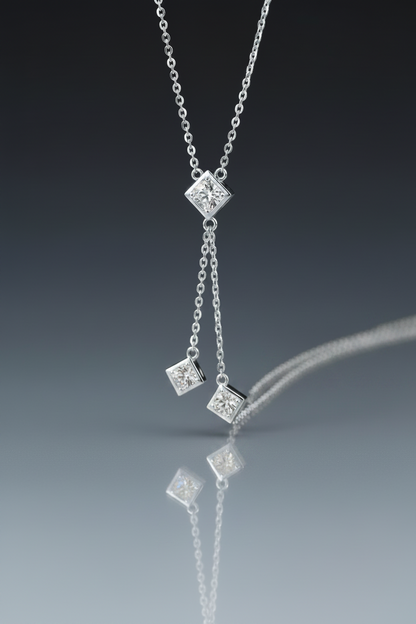 Sterling Silver Moissanite Fringe Double Chain Square Tassel Pendant Necklace