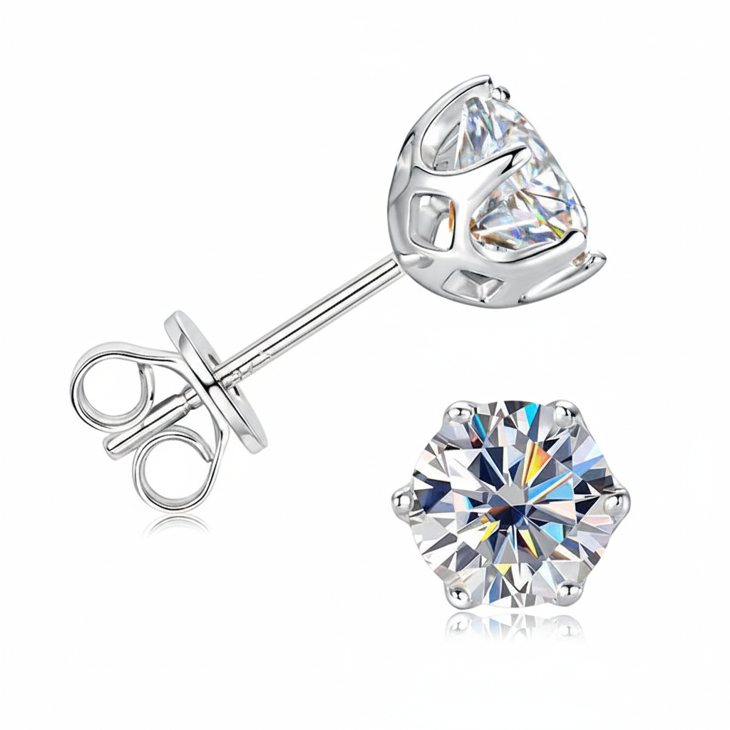 Sterling Silver Moissanite 6-Claw Classic Stud Earrings