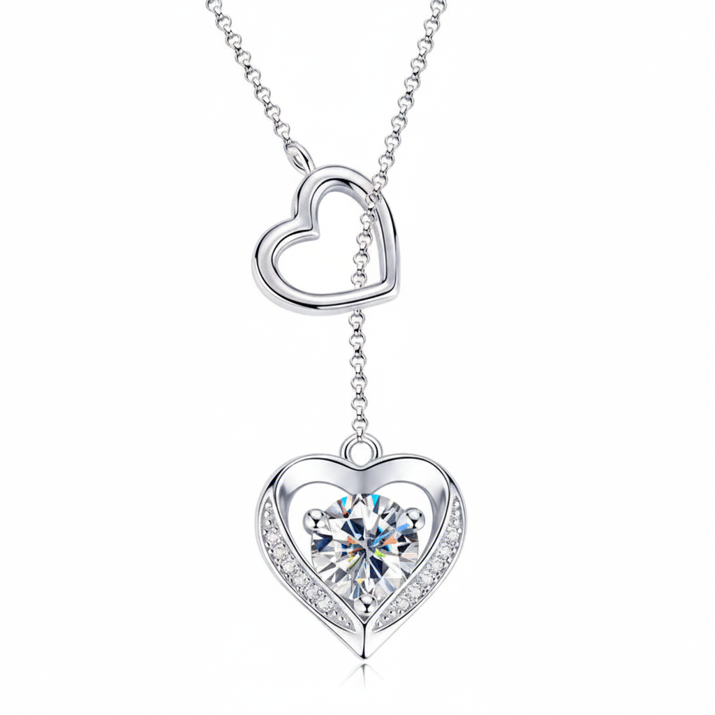 Sterling Silver Moissanite Double Heart Necklace