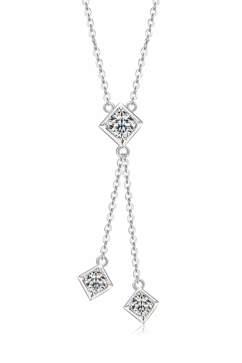 Sterling Silver Moissanite Fringe Double Chain Square Tassel Pendant Necklace