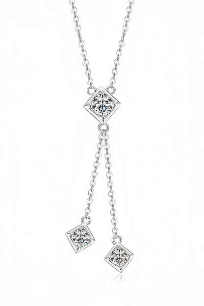 Sterling Silver Moissanite Fringe Double Chain Square Tassel Pendant Necklace