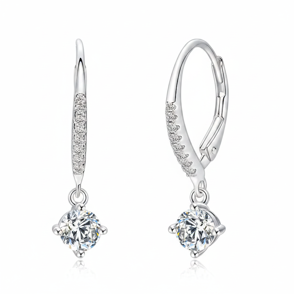 Sterling Silver Moissanite Four Claws Drop Hoop Earring