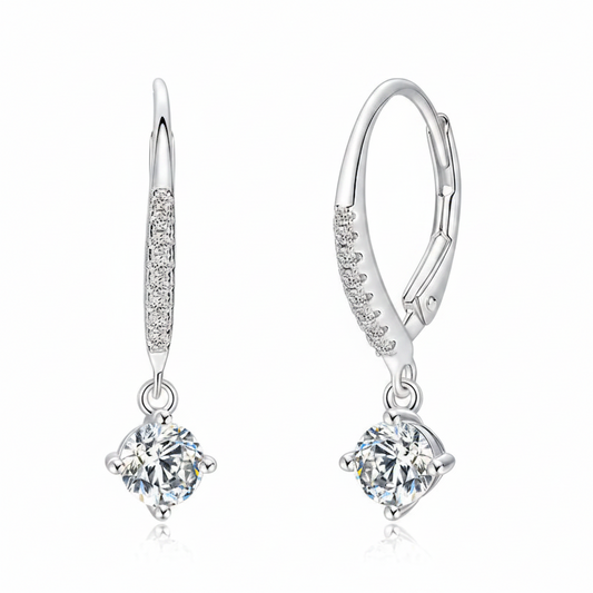 Sterling Silver Moissanite Four Claws Drop Hoop Earring