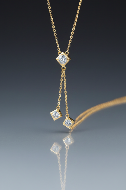 Sterling Silver Moissanite Fringe Double Chain Square Tassel Pendant Necklace