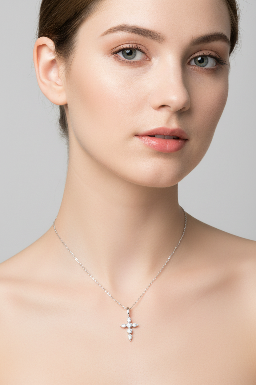 Sterling Silver Moissanite Cross Pendant Necklace