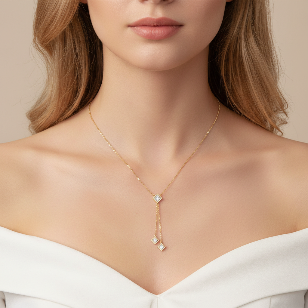 Sterling Silver Moissanite Fringe Double Chain Square Tassel Pendant Necklace