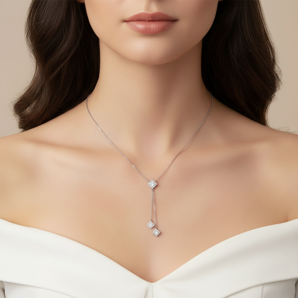 Sterling Silver Moissanite Fringe Double Chain Square Tassel Pendant Necklace