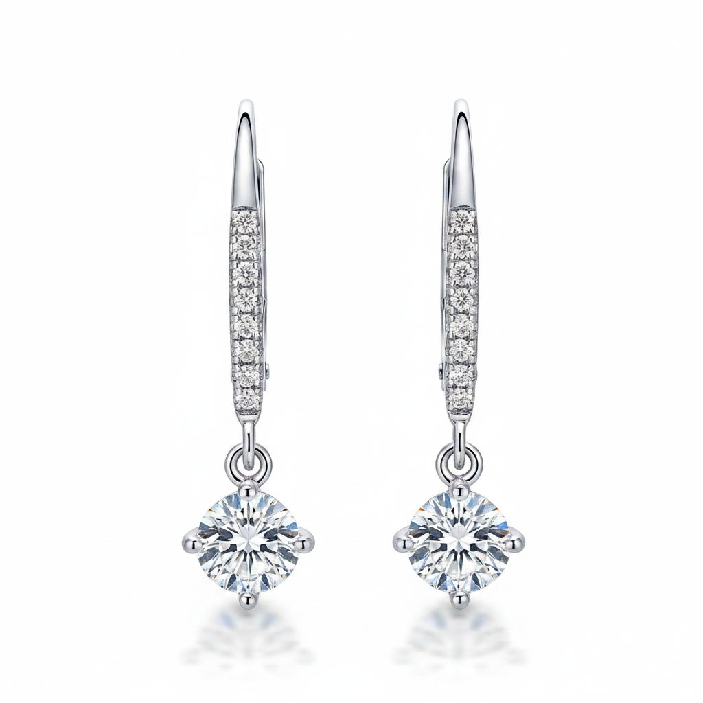 Sterling Silver Moissanite Four Claws Drop Hoop Earring