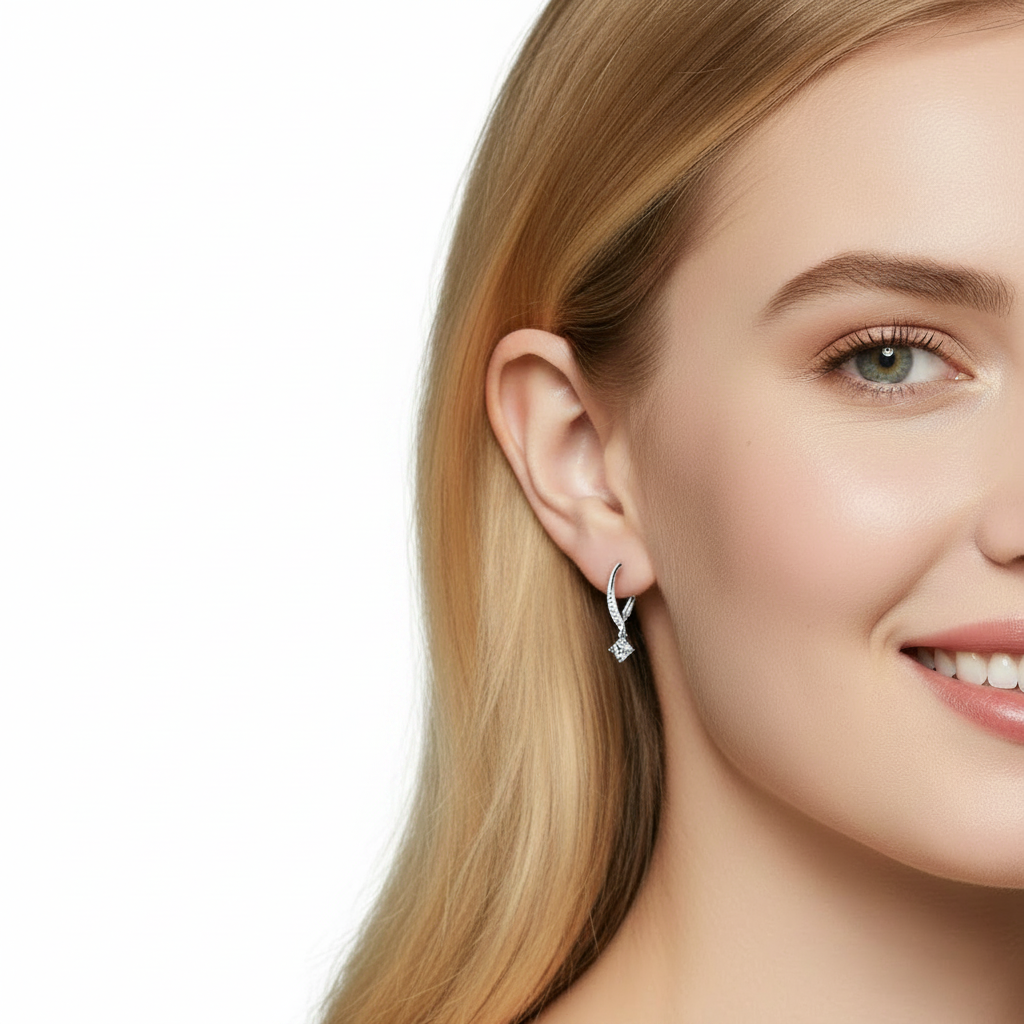 Sterling Silver Moissanite Four Claws Drop Hoop Earring