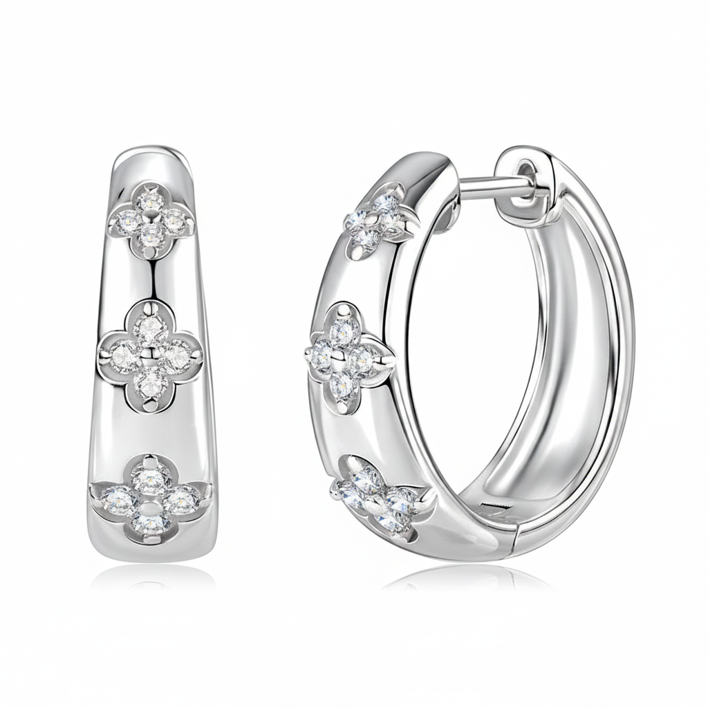 Sterling Silver Moissanite Trio Flower Clover Wedding Hoop Earrings