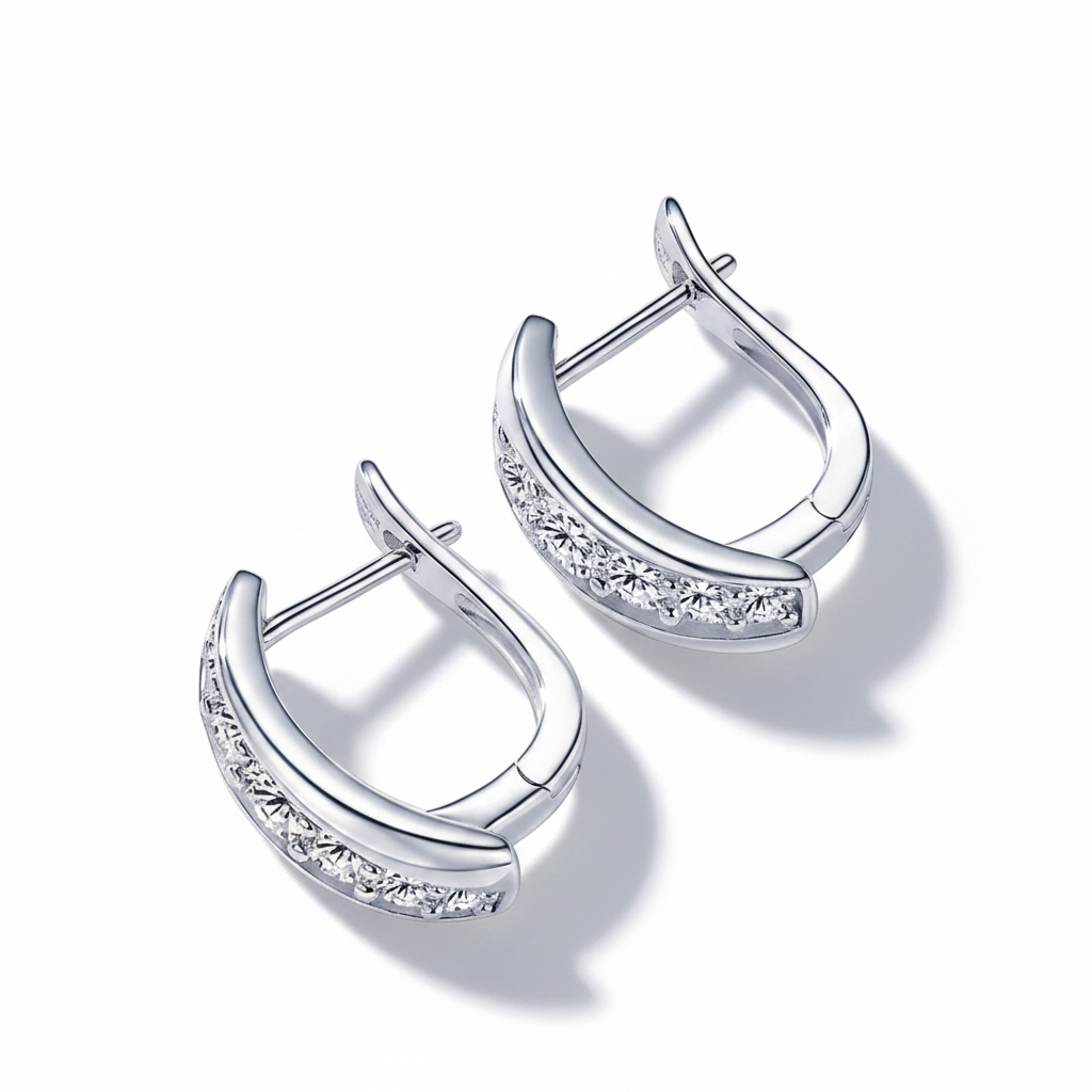 Sterling Silver Moissanite U-Shaped Women's Glider Design Hoop Earring