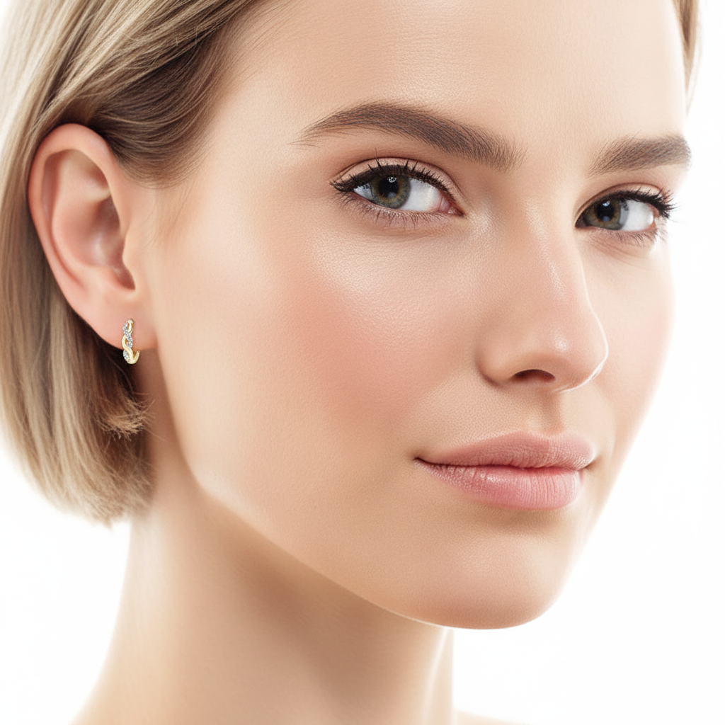 Close-up of a woman wearing a gold earring with moissanite on a white background