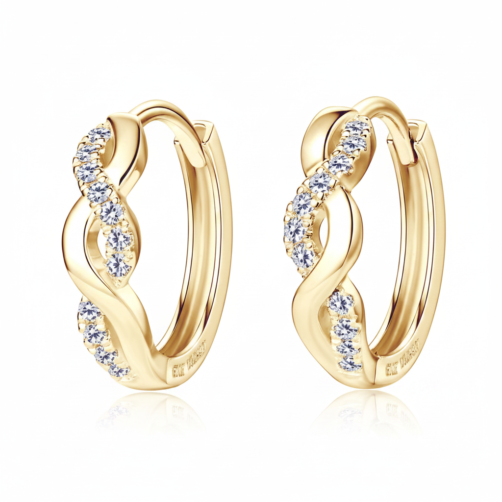 Gold hoop earrings with diamond accents on a white background