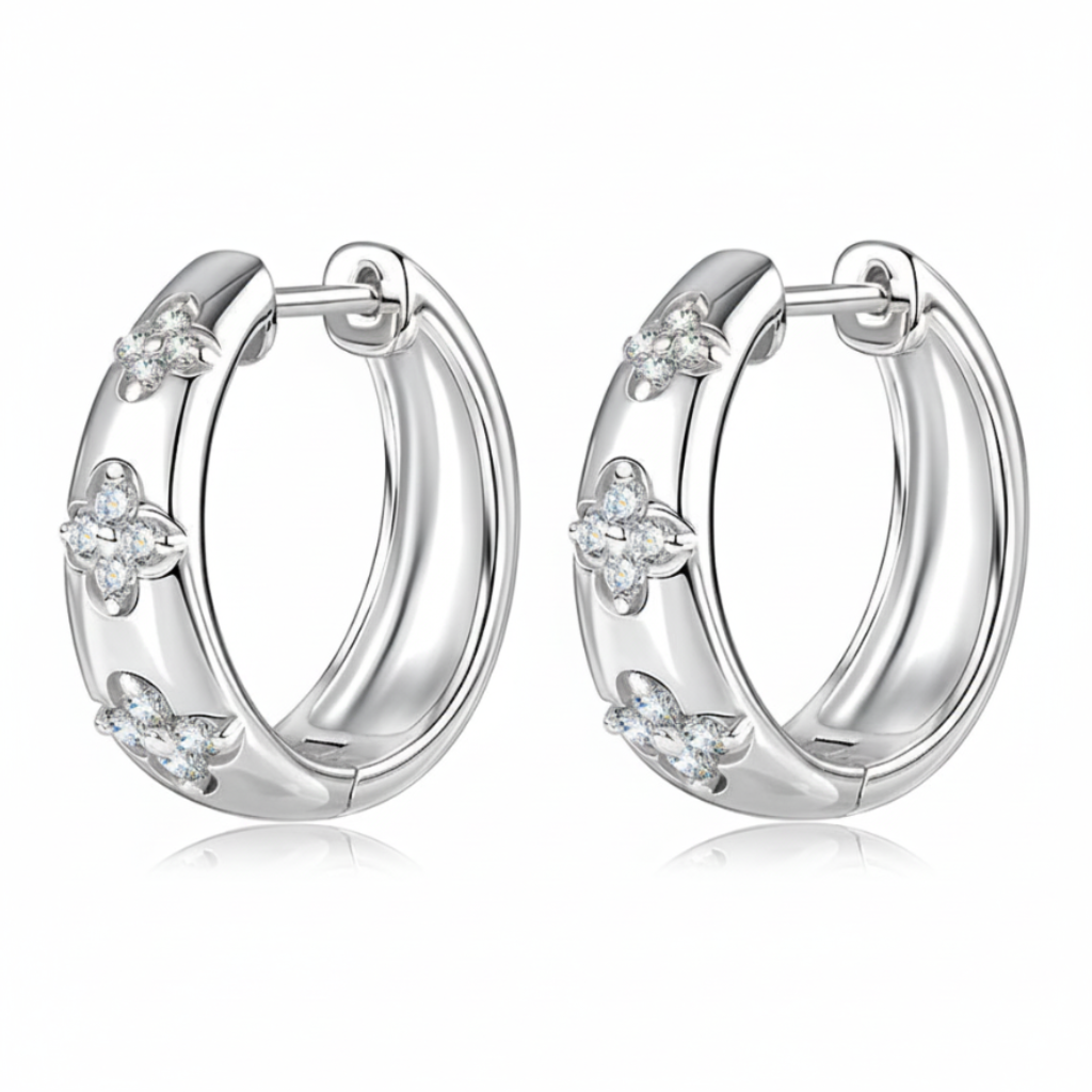 Sterling Silver Moissanite Trio Flower Clover Wedding Hoop Earrings