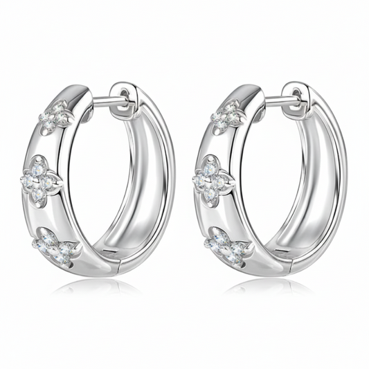 Sterling Silver Moissanite Trio Flower Clover Wedding Hoop Earrings