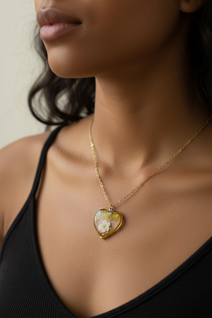 Heart Shape Pendant Necklace with White & Yellow Real Flowers