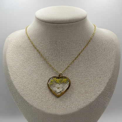 Heart Shape Pendant Necklace with White & Yellow Real Flowers
