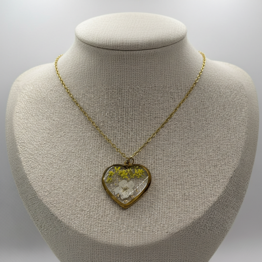 Heart Shape Pendant Necklace with White & Yellow Real Flowers