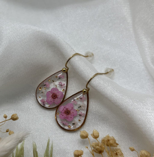 Teardrop Pink & White Real Flower Earrings