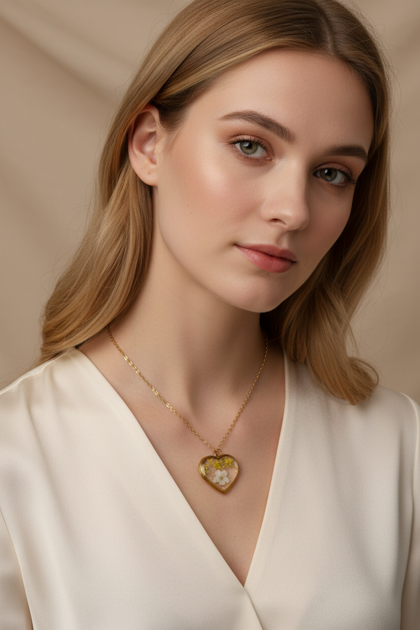 Heart Shape Pendant Necklace with White & Yellow Real Flowers